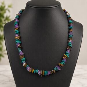 Multicolor Stone Chip Necklace Turquoise Amethyst Tiger Eye Boho 18”